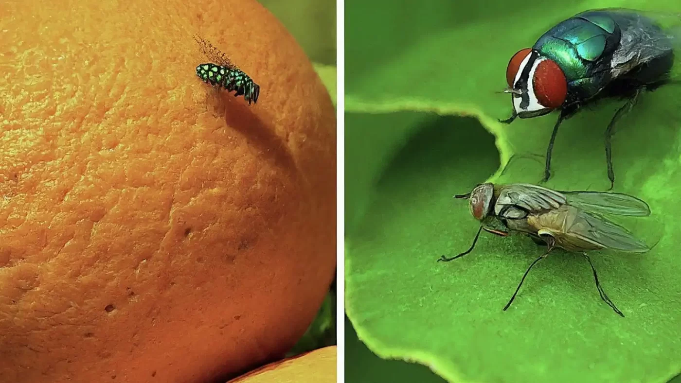 a close up of a fruit flies and house flies on an orange