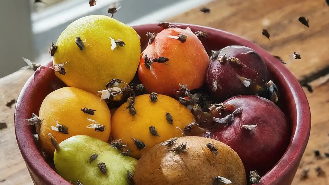 a bowl of fruit with flies flying around