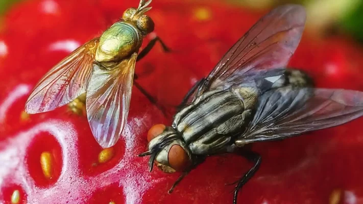 a close up of a fruit fly vs house fly